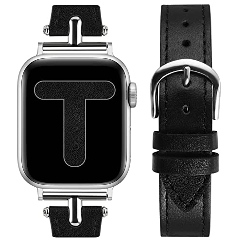 Wearlizer Lederarmband Kompatibel mit Apple Watch Armband 41mm 38mm 40mm Damen, Echtesleder Armband mit T-Form Metallschnalle für iWatch Armbänder Leder SE Serie 9 8 7 6 5 4 3 2 1, Schwarz/Silber von Wearlizer