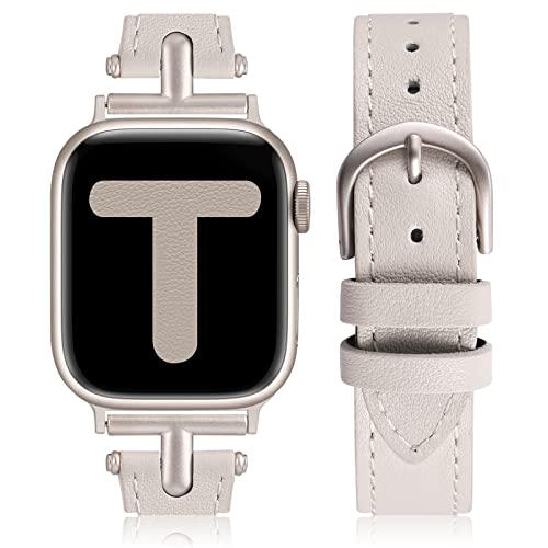 Wearlizer Lederarmband Kompatibel mit Apple Watch Armband 41mm 40mm 42mm 38mm Damen, Leder Armband mit T-Form Metallschnalle für iWatch Strap SE Serie 10 9 8 7 6 5 4 3 2 1, Polarstern/Polarstern von Wearlizer