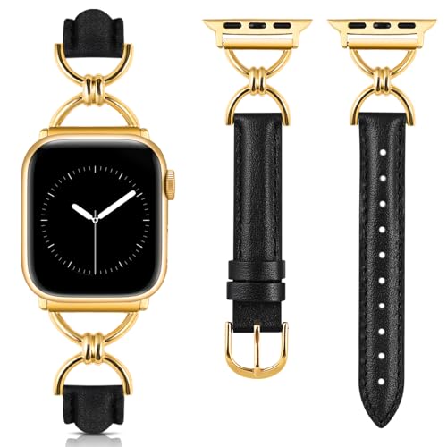 Wearlizer Lederarmband Kompatibel mit Apple Watch Armband Damen 40/41/38/42mm Damen, Schlank Elegant Armbänder mit D-Shape Schnalle für iWatch 10/9/8/7/6/5/4/3/2/1/SE, Schwarz/Gold Wearlizer Lederarmband Kompatibel mit Apple Watch Armband Damen 40/41/38/42mm Damen, Schlank Elegant Armbänder mit D-Shape Schnalle für iWatch 10/9/8/7/6/5/4/3/2/1/SE, Schwarz/Gold von Wearlizer
