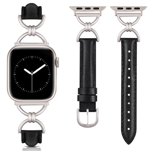 Wearlizer Lederarmband Kompatibel mit Apple Watch Armband Damen 40/41/38/42mm Damen, Schlank Elegant Armbänder mit D-Shape Schnalle für iWatch 10/9/8/7/6/5/4/3/2/1/SE, Schwarz/Polarstern Wearlizer Lederarmband Kompatibel mit Apple Watch Armband Damen 40/41/38/42mm Damen, Schlank Elegant Armbänder mit D-Shape Schnalle für iWatch 10/9/8/7/6/5/4/3/2/1/SE, Schwarz/Polarstern von Wearlizer