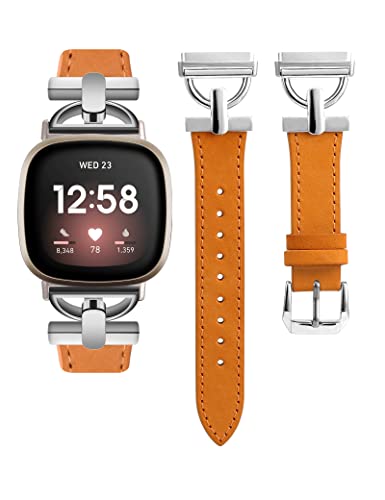 Wearlizer Lederarmband Kompatibel mit Fitbit Sense Armbänder/Versa 3/Versa 4/Sense 2 Armbänder Damen, Dressy Lederband mit D-Shape Metallschnalle für Versa 3/Sense Smartwatch, Hellbraun/Silber Wearlizer Lederarmband Kompatibel mit Fitbit Sense Armbänder/Versa 3/Versa 4/Sense 2 Armbänder Damen, Dressy Lederband mit D-Shape Metallschnalle für Versa 3/Sense Smartwatch, Hellbraun/Silber von Wearlizer