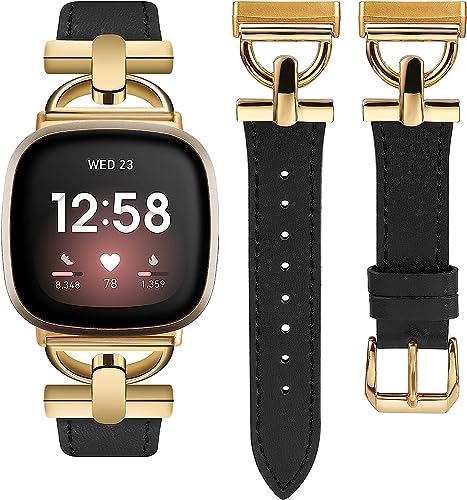 Wearlizer Lederarmband Kompatibel mit Fitbit Sense Armbänder/Versa 3/Versa 4/Sense 2 Armbänder Damen, Dressy Lederband mit D-Shape Metallschnalle für Versa 3/Sense Smartwatch, SSchwarz/Rose Pink von Wearlizer