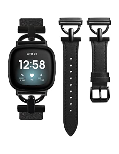Wearlizer Lederarmband Kompatibel mit Fitbit Sense Armbänder/Versa 3/Versa 4/Sense 2 Armbänder Damen, Dressy Lederband mit D-Shape Metallschnalle für Versa 3/Sense Smartwatch, Schwarz/Schwarz von Wearlizer