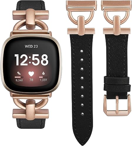 Wearlizer Lederarmband Kompatibel mit Fitbit Sense Armbänder/Versa 3/Versa 4/Sense 2 Armbänder Damen, Dressy Lederband mit D-Shape Metallschnalle für Versa 3/Sense Smartwatch von Wearlizer