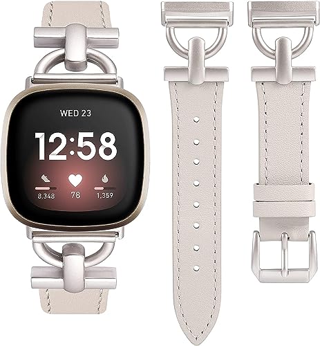 Wearlizer Lederarmband Kompatibel mit Fitbit Sense Armbänder/Versa 3/Versa 4/Sense 2 Armbänder Damen, Dressy Lederband mit D-Shape für Versa 3/Sense Smartwatch, Polarstern von Wearlizer