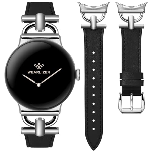 Wearlizer Lederarmband Kompatibel mit Google Pixel Watch 3 41mm/Pixel Watch 2/Google Pixel Damen, Schickes Designer Armbänder mit D-Shape Schnalle für Pixel Smartwatch 2/1, Schwarz/Silber Wearlizer Lederarmband Kompatibel mit Google Pixel Watch 3 41mm/Pixel Watch 2/Google Pixel Damen, Schickes Designer Armbänder mit D-Shape Schnalle für Pixel Smartwatch 2/1, Schwarz/Silber von Wearlizer