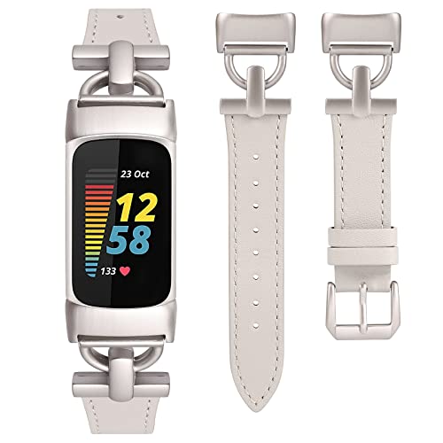 Wearlizer Lederarmband kompatibel mit Fitbit Charge 6/Charge 5 Armbänder für Damen, Dressy Slim Lederband Armband mit D-Shape Metallschnalle Ersatzarmband für Charge 6/Charge 5 von Wearlizer
