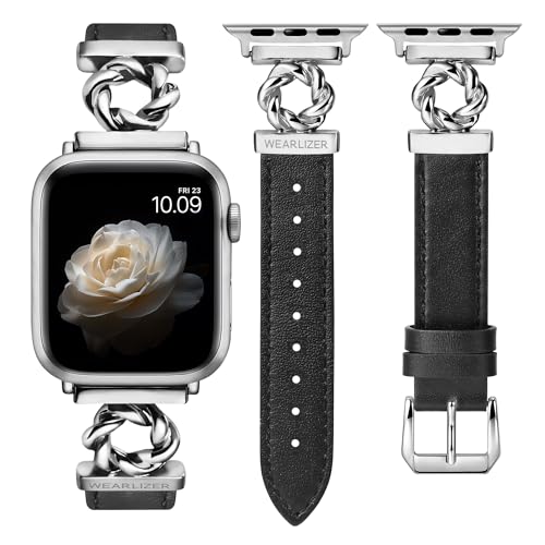 Wearlizer Lederarmband Kompatibel mit Apple Watch Armband 41/40/38/42mm Damen, Elegant Leder Armbänder mit Spiralform für iWatch Serie 10/9/8/7/6/5/4/3/2/1/SE, Schwarz/Silber Wearlizer Lederarmband Kompatibel mit Apple Watch Armband 41/40/38/42mm Damen, Elegant Leder Armbänder mit Spiralform für iWatch Serie 10/9/8/7/6/5/4/3/2/1/SE, Schwarz/Silber von Wearlizer