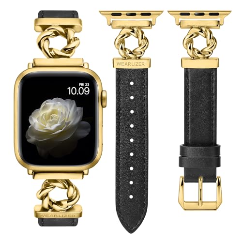 Wearlizer Lederarmband Kompatibel mit Apple Watch Armband 42/44/45/46/49mm Damen, Elegant Leder Armbänder mit Spiralform für iWatch Serie 10/9/8/7/6/5/4/3/2/1/SE/Ultra 1/2, Schwarz/Gold Wearlizer Lederarmband Kompatibel mit Apple Watch Armband 42/44/45/46/49mm Damen, Elegant Leder Armbänder mit Spiralform für iWatch Serie 10/9/8/7/6/5/4/3/2/1/SE/Ultra 1/2, Schwarz/Gold von Wearlizer