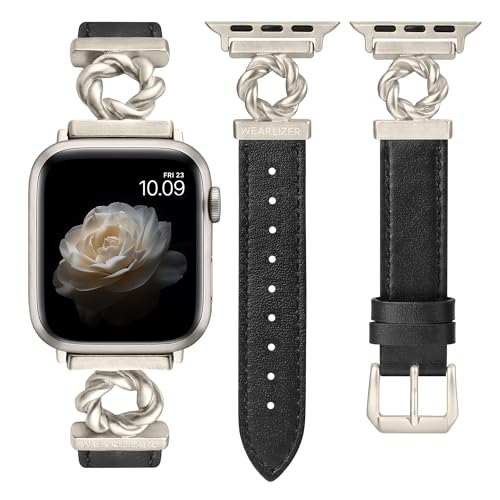Wearlizer Lederarmband Kompatibel mit Apple Watch Armband 42/44/45/46/49mm Damen, Elegant Leder Armbänder mit Spiralform für iWatch Serie 10/9/8/7/6/5/4/3/2/1/SE/Ultra 1/2, Schwarz/Polarstern Wearlizer Lederarmband Kompatibel mit Apple Watch Armband 42/44/45/46/49mm Damen, Elegant Leder Armbänder mit Spiralform für iWatch Serie 10/9/8/7/6/5/4/3/2/1/SE/Ultra 1/2, Schwarz/Polarstern von Wearlizer