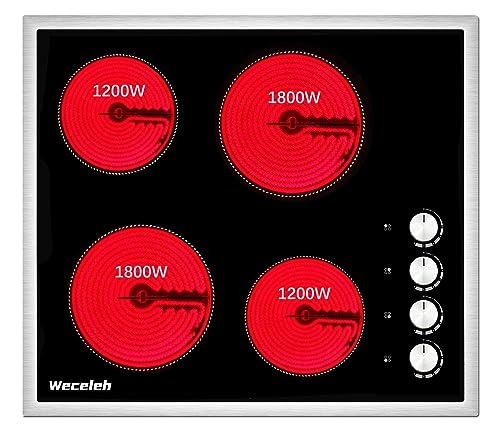 Weceleh 4 Zonen Glaskeramikkochfeld, Einbauherd 60cm Glaskeramikkochfeld mit Knopfsteuerung, 6000W Glaskeramikkochfeld mit Edelstahlrahmen, Kindersicherung, 220-240V, Schwarz (ohne Stecker) von Weceleh