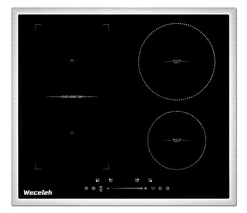 Weceleh Induktionskochfeld, Einbau 60cm mit 1 FlexZonen Kochfeld Induktion, 4 Platten mit Edelstahlrahmen, Boost Funktion, 9 Leistungsstufen Kochfelder, 99 Min Timer, Kindersicherung, 7000W, Schwarz von Weceleh