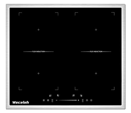 Weceleh Induktionskochfeld 60 cm Einbau, Autarkes Kochfeld Induktion Herdplatte Induktionsherd Induction Stove Iduktionsherdfeld Induktionskochplatte 4 Platten, Edelstahlrahmen, Flexzone, 7000W von Weceleh