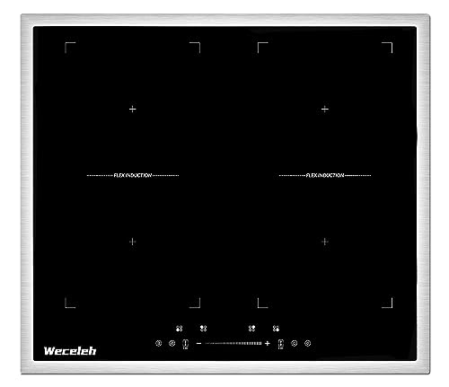Weceleh Induktionskochfeld Autark, 4 Platten Kochfeld Induktion mit 2-Flexzonen, Einbau 7000W Induktionsfeld 60 cm mit Edelstahlrahmen, Boost-Funktion Kochfelder, Timer, Kindersicherung, Schwarz von Weceleh