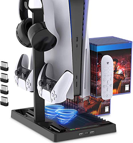 PS5 Charging Stand with Cooling Fan for PS5/PS5 Digital Edition Console and Controller, Vertical Charger Station Dock with Dual Controller Charger Ports and 15 Game Slots, Remote Dock Headset Stand von Wedorat