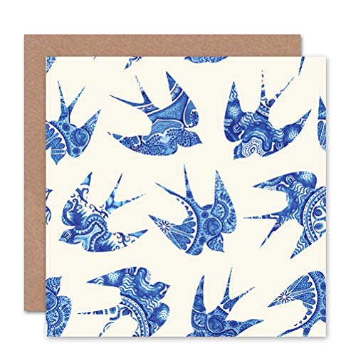 Birds Swallows China Pattern Blue Birthday Art Sealed Greeting Card Plus Envelope Blank inside Vögel Muster Blau von Wee Blue Coo