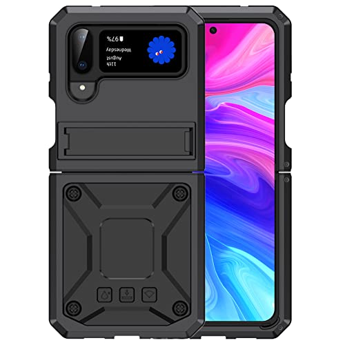 Kompatibel mit Samsung Galaxy Z Flip 4/Z Flip 3 5G Metallhülle Armor Aluminium Metall Military Case Heavy Duty Dustproof Drop Proof Stoßfest Schutzhülle mit Ständer (schwarz) von Wefor