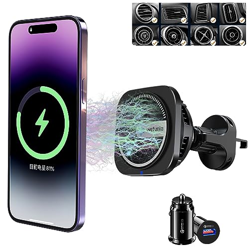 Wefunix Fast Wireless Charger Auto Magnetic [Kühlbleche + Kühlung Lüfter] Qi Ladestation Auto Kabelloses Ladegerät kfz Handyhalterung Mit Ladefunktion kompatibel mit Magsafe iPhone 15 14 13 12 Serie von Wefunix