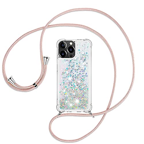 WeiCase Handykette Hülle Für iPhone 13 Pro, Glitzer Handyhülle Flüssig Treibsand Transparent Silikon Schutzhülle mit Band, Gradient Quicksand Cover Case mit Kordel Umhängenband von WeiCase