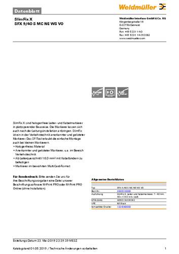 Weidmüller 2009910000 SFX 9/40 S MC NE WS V0 Gerätemarkierung Beschriftungsfläche: 8.5 x 40mm Wei von Weidmüller