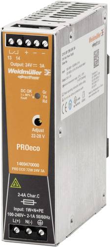 Weidmüller PRO ECO 72W 24V 3A Hutschienen-Netzteil (DIN-Rail) 24 V/DC 3A 72W Anzahl Ausgänge:1 x I von Weidmüller