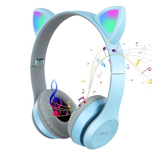 Weigudoc KopfhöRer Kabellos Bluetooth Over Ear Noise Cancelling, Hi-Fi Stereo Headset Bluetooth Kopfhörer, Katzenohren Kabellose Bluetooth Kopfhörer für PC, Smartphone, Mädchen, Jungen (Blau-Weiß) von Weigudoc