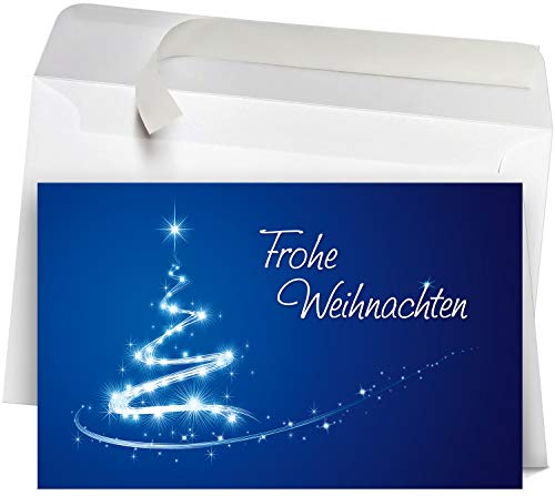50 Premium Weihnachtskarten mit Umschlag Set für Firmen, hochwertige Klappkarten 19 x 12 cm groß, Baum in Light-Paint-Optik blau von Weihnachtskarten-Shop