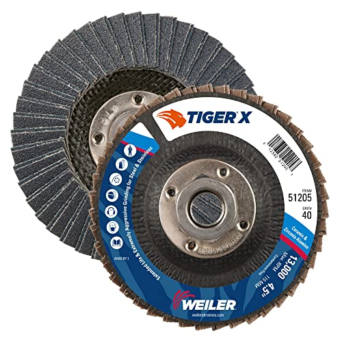 Weiler 51205 Tiger X Fächerscheibe, Keramik und Zirkonia, Aluminiumoxid, abgewinkelt, Phenolharz-Rückseite, Körnung 40, 11 UNC Mutter (10 Stück) von Weiler