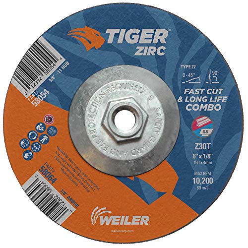 Weiler 58054 15,2 x 0,3 cm Tiger Zirc Typ 27 Cut and Grind Combo Rad, Z30T, 5/8-Zoll-11 UNC Mutter (10 Stück) von Weiler