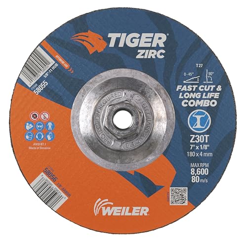 Weiler 58055 7 Zoll x 1/8 Zoll Tiger Zirc Typ 27 Cut and Grind Combo Rad, Z30T, 5/8 Zoll-11 UNC Mutter (10 Stück) von Weiler