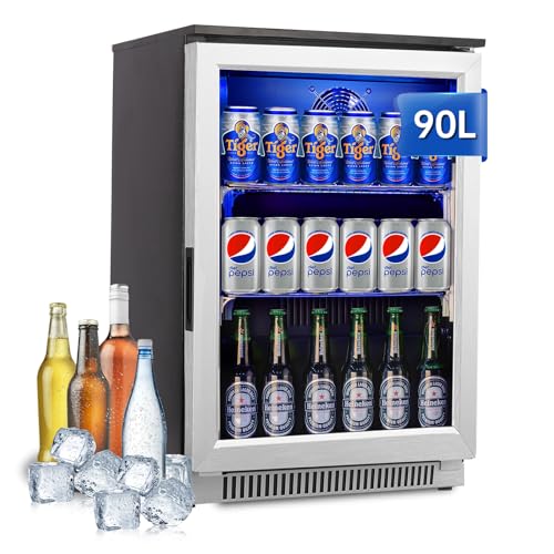 Weili 90L Getränke Kühlschrank mit Glastür und Blaue LED-Beleuchtung, Getränkekphlschrank Bier, Wein, Kalte Getränke für Wohnzimmer, Hobbyraum, Büro, Partei, 3-10°C von Weili