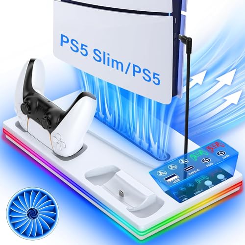 3 in 1 PS5 Ständer mit PS5 Controller Ladestation und 3 Stufig Lüfter, PS5 Standfuß für Playstation 5 Pro/Slim&Standard Disc/Digital-Konsole, PS5 Kühler mit 10 RGB-Lichter und 2 USB-Anschlüsse von Weinsamkeit