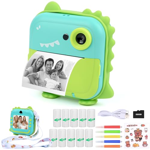 Weinsamkeit Kinderkamera Sofortbildkamera, Dinosaurier Spiel Digitalkamera Kinder mit SD-Karte&10 Rollen Druckpapier Kinder Kamera Sofort Foto Videokamera Schwarzweiß Fotokamera für Kinder 3-14 Jahre von Weinsamkeit