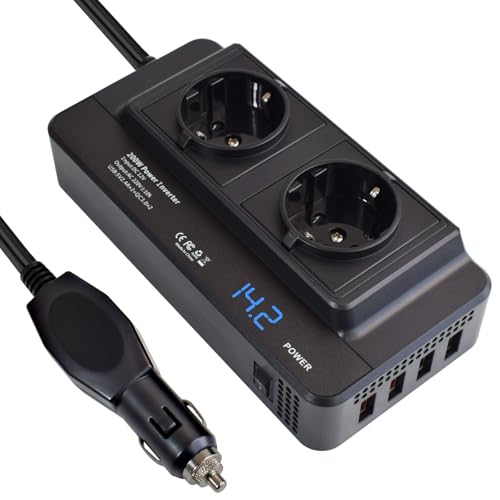 Weishuo Auto Wechselrichter 12V auf 220V 230V 200W Spannungswandler Kfz Zigarettenanzünder Steckeradapter Modifizierte Wellen Stromwandler mit 2 Steckdosen, 4 USB-Anschlüssen 4.8A und LCD-Display von Weishuo