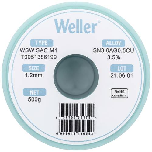 Weller T0051386199 Lötzinn, bleifrei Spule, bleifrei Sn3,0Ag0,5Cu 500g 1.20mm von Weller