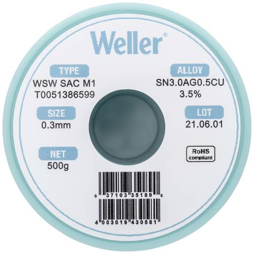 Weller T0051386599 Lötzinn, bleifrei Spule, bleifrei Sn3,0Ag0,5Cu 500g 0.30mm von Weller