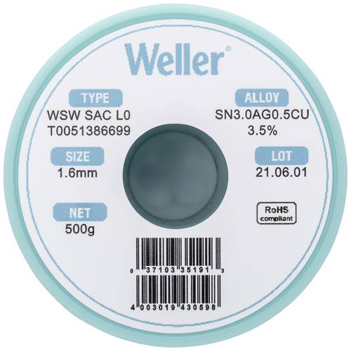 Weller T0051386699 Lötzinn, bleifrei Spule, bleifrei Sn3,0Ag0,5Cu 500g 1.60mm von Weller