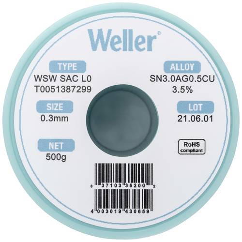 Weller T0051387299 Lötzinn, bleifrei Spule, bleifrei Sn3,0Ag0,5Cu 500g 0.30mm von Weller