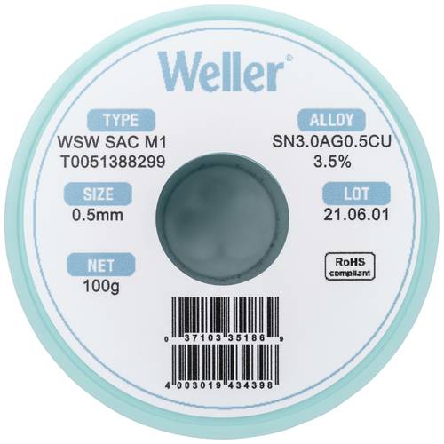 Weller WSW SAC M1 Lötzinn, bleifrei Spule Sn3,0Ag0,5Cu 100g 0.5mm von Weller