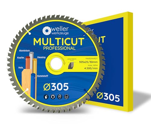 WELLERWERKZEUGE | Profi MULTICUT Kreissägeblatt Sägeblatt 305x30 + 25mm 60 Zähne für Holz Kunststoff Aluminium passend für Akku Kreissäge Tischsäge für Makita Bosch Dewalt von Wellerwerkzeuge