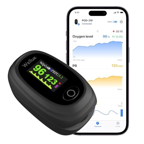 Pulsoximeter mit Bluetooth, Oximeter Finger Sauerstoff mit App, Oxymetergerät Finger mit Alarm, Schnelle Messung und OLED-Display, Schwarz Pulsoximeter mit Bluetooth, Oximeter Finger Sauerstoff mit App, Oxymetergerät Finger mit Alarm, Schnelle Messung und OLED-Display, Schwarz von Wellue