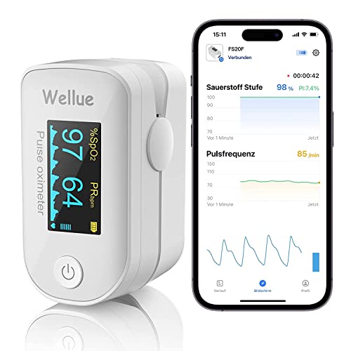 Pulsoximeter mit Datenspeicher, mit APP über Bluetooth, Messung der Sauerstoffsättigung, Fingerpulsoxymeter, Sauerstoffgehalt Gesundheitsmonitor, Überwachung von Herzfrequenz und SpO2, Weiß Pulsoximeter mit Datenspeicher, mit APP über Bluetooth, Messung der Sauerstoffsättigung, Fingerpulsoxymeter, Sauerstoffgehalt Gesundheitsmonitor, Überwachung von Herzfrequenz und SpO2, Weiß von Wellue
