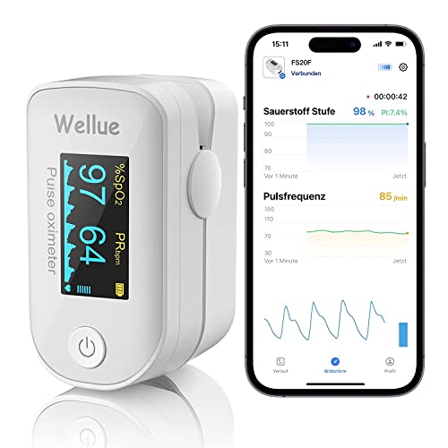 Pulsoximeter mit Datenspeicher, mit APP über Bluetooth, Messung der Sauerstoffsättigung, Fingerpulsoxymeter, Sauerstoffgehalt Gesundheitsmonitor, Überwachung von Herzfrequenz und SpO2, Weiß von Wellue