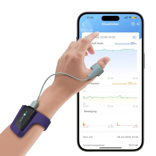 Wellue Handgelenk Pulsoximeter für Sauerstoffgehalt und Pulsfrequenz, kontinuierliche Blutsauerstoff-Monitor mit Vihealth APP, Bluetooth Finger Meter O2 Sensor von Wellue