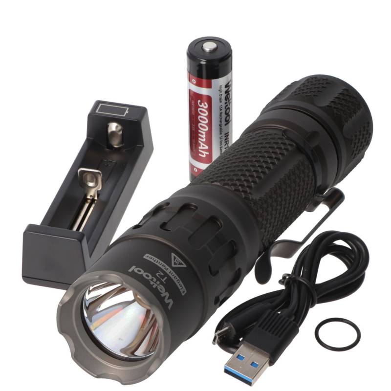 Weltool T2 leistungsstarke und kompakte LED-Taschenlampe mit 1.730 Lumen, Kühlstruktur mit Durchgangsbohrungen am Lampenkopf, inkl. Akku und Ladegerät von Weltool