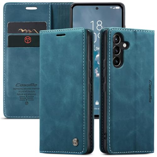 CaseMe Handyhülle für Samsung Galaxy A15 4G/5G Hülle +2 Stück Panzerglas Schutzfolie, Premium Leder Brieftasche Schutzhülle [Kartenfach][Stand] für Samsung Galaxy A15 4G/5G, Blaugrün von WenBaby