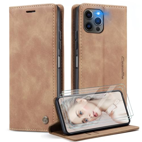CaseMe Handyhülle für iPhone 15 Pro Max Hülle +2 Stück Panzerglas Schutzfolie, Premium Leder Brieftasche Schutzhülle [Kartenfach][Stand] für iPhone 15 Pro Max, Braun von WenBaby