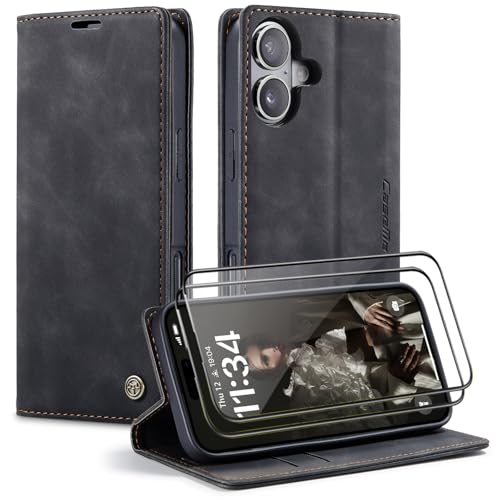 CaseMe Handyhülle für iPhone 16 Hülle +2 Stück Panzerglas Schutzfolie, Premium Leder Brieftasche Schutzhülle [Kartenfach][Stand], Schwarz von WenBaby