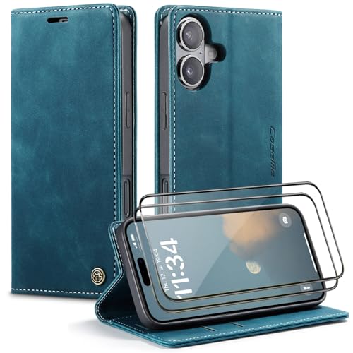CaseMe Handyhülle für iPhone 16 Plus Hülle +2 Stück Panzerglas Schutzfolie, Premium Leder Brieftasche Schutzhülle [Kartenfach][Stand], Blaugrün von WenBaby