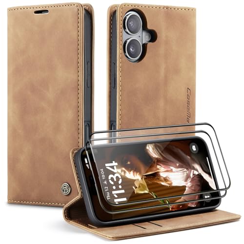 CaseMe Handyhülle für iPhone 16 Plus Hülle +2 Stück Panzerglas Schutzfolie, Premium Leder Brieftasche Schutzhülle [Kartenfach][Stand], Braun von WenBaby